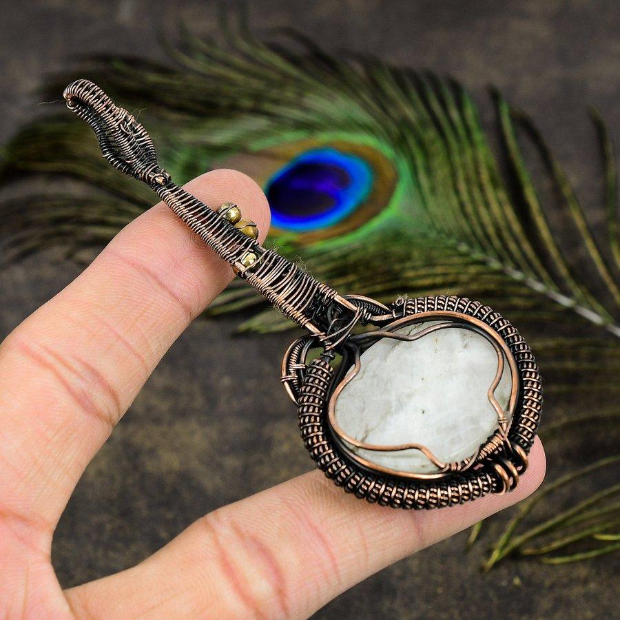 Rainbow Moonstone Handmade Copper Wire Wrap Jewelry Pendant 3.35 V1M89
