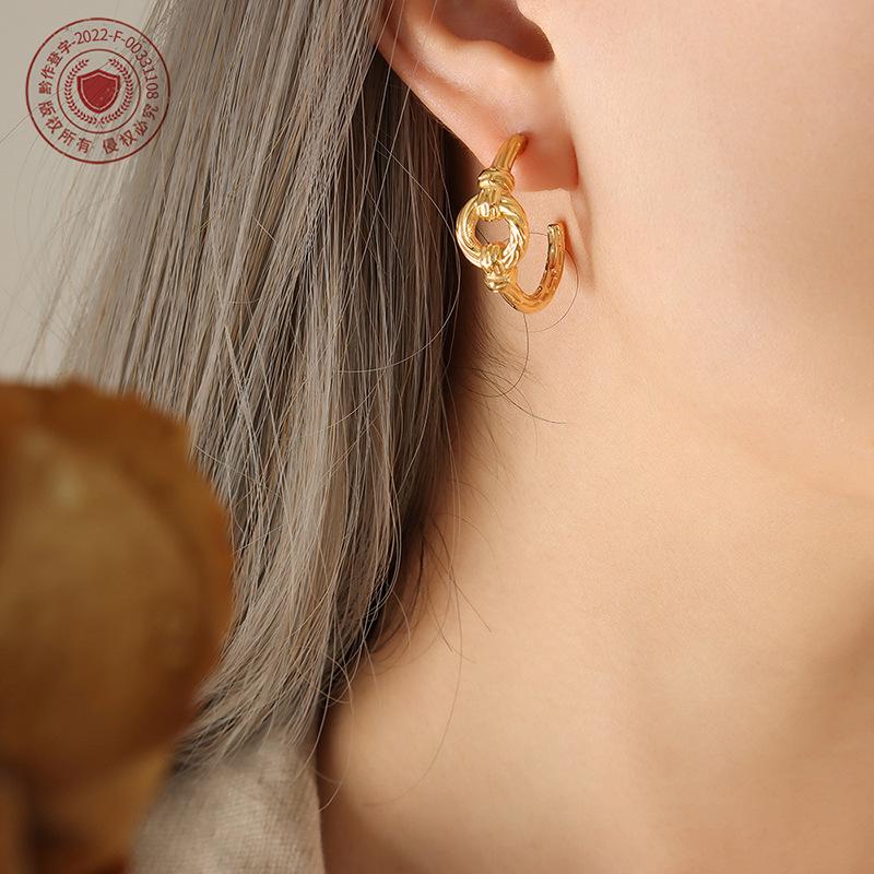 Elegant Geometric Knot Earrings: C-Shaped, Titanium Steel, Gold-Plated, European & American Chic Style