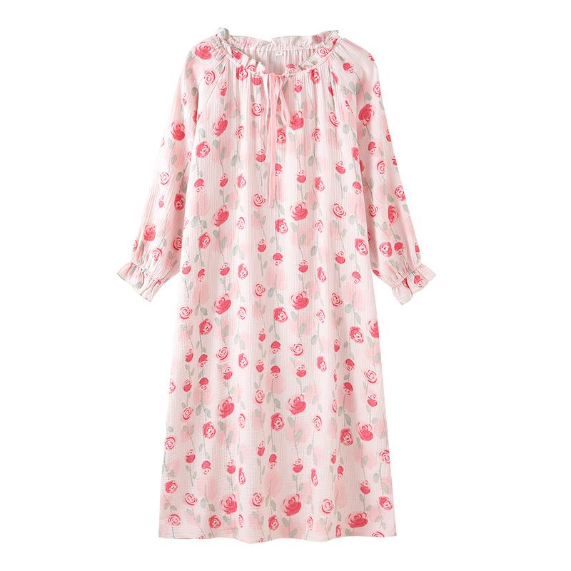 Ladies Spring and Autumn New Crepe Double Layer Cotton Yarn Korean Sweet Long Sleeve Skirt Loose Large Size Home Skirt Pajama Factory