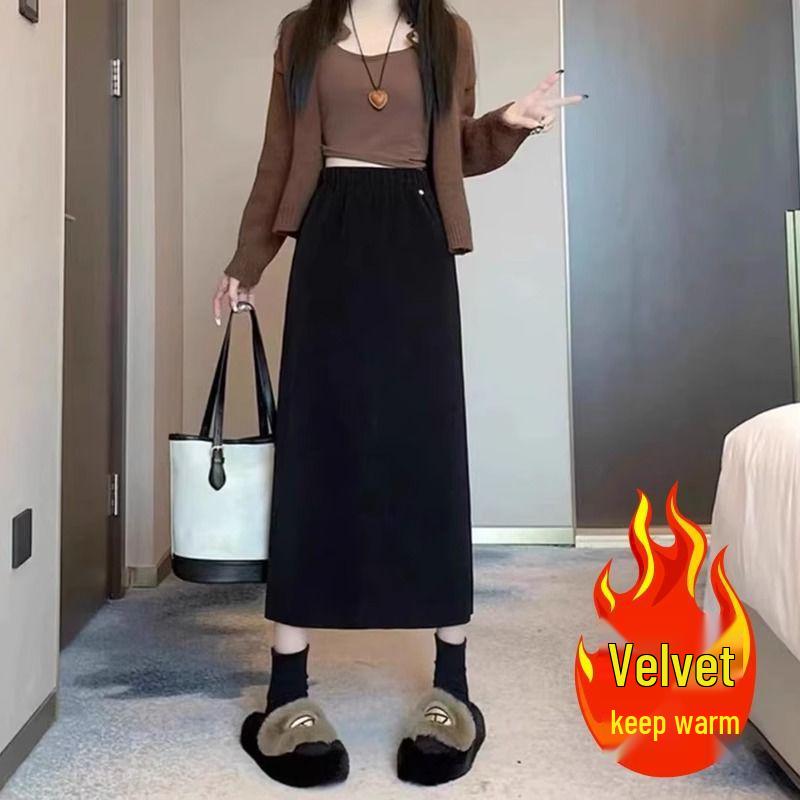 

Plus Size High Waist Corduroy Long Skirt: Autumn/Winter Casual with Elastic Waist, Conceals Flaws, for Women. XXS (As Recommended)