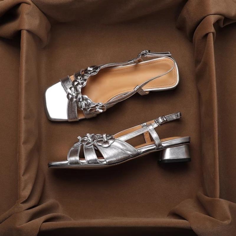 Fashion Open Toe Block Heel Roman Sandals Women's Summer New Fashion Square Toe Shallow Mouth One Strap Flower Sandals