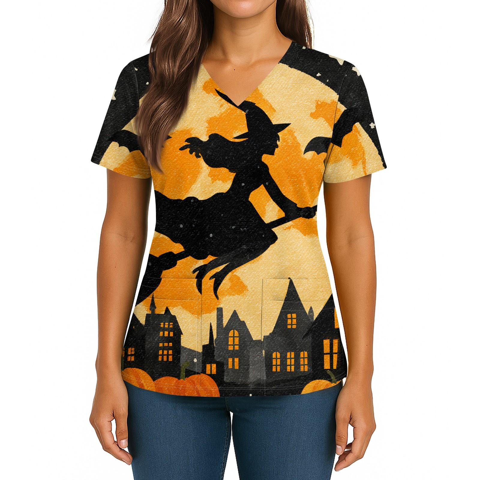 

Женский Хэллоуинский Принт V-образный вырез Двойной карман Короткий рукав Разрез по подолу Топ для униформы/сиделки XL жёлтый