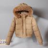 Women's Short Cotton Jacket with Warm Velvet, Fluffy Hood, Big Fur Collar, Petite Winter Outerwear, 2025 Trendy Style.