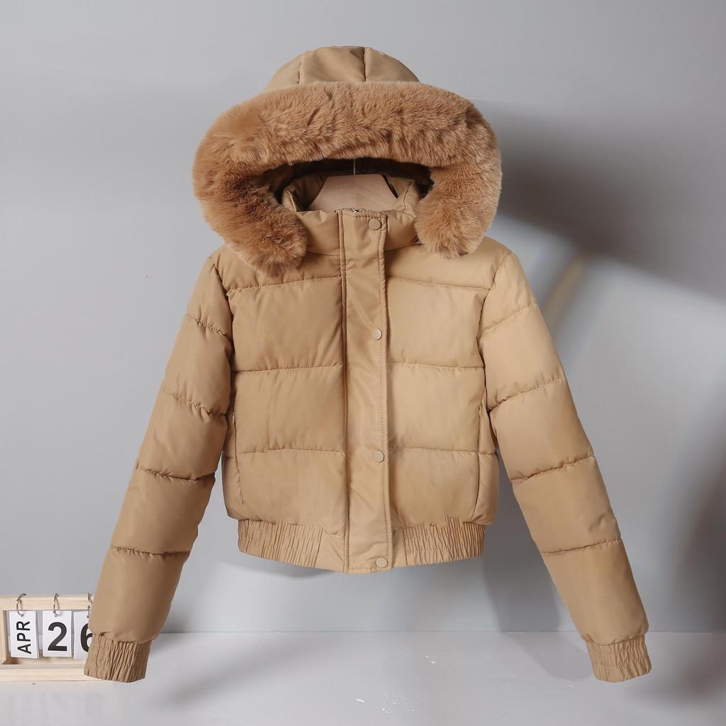 Women's Short Cotton Jacket with Warm Velvet, Fluffy Hood, Big Fur Collar, Petite Winter Outerwear, 2025 Trendy Style.