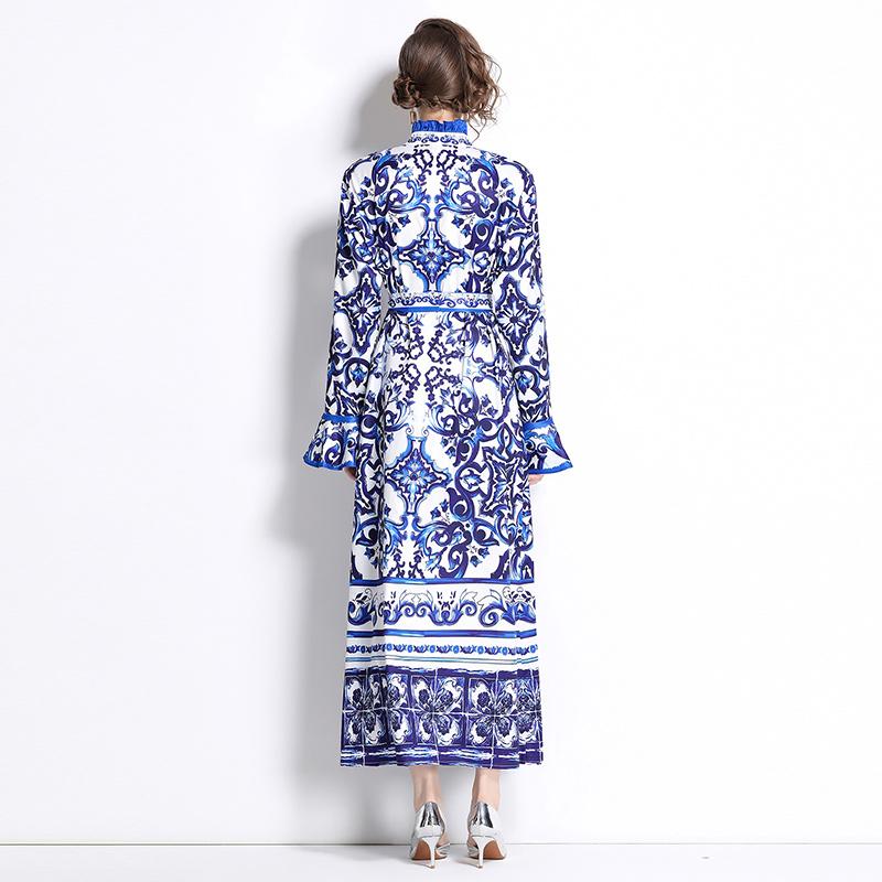 Primavera Otoño Pasarela Amarillo Rojo Azul Y Estampado Porcelana Blanca Bata Vestidos Maxi de Fiesta para Mujer con Volantes Manga Larga Acampanada Cinturón con Cordones