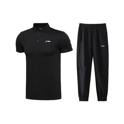 Li Ning Logo Einfarbig Kurzarm Poloshirt Und Sporthose Set Herren Poloshirt Und Hose Set Schwarz APLS141-1+AYKS467-1