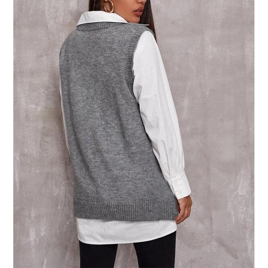 Dámská podzimní a zimní vesta Dámská jednobarevná vesta svetr s výstřihem do V a rozparkem Venkovní oblečení pro ženy