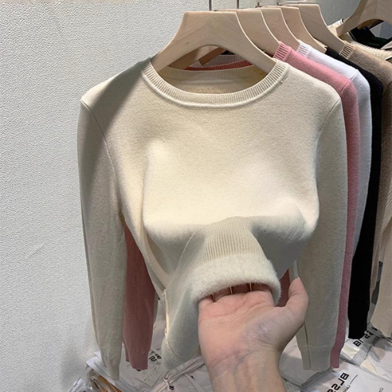 Warm and thickened integrated fleece sweater knitted sweater round neck lazy front shoulder design top new in autumn and winter