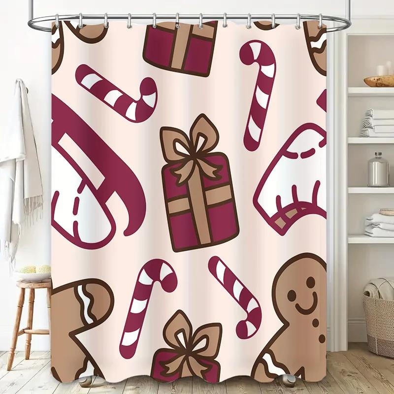 Christmas-themed shower curtain with candy cane design Pink and brown color scheme for bathroom decor accessories