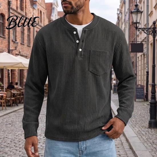Versatile Ribbed Cuff Pullover Men Corduroy Shirt, Long Sleeve Button Collar with Chest Pocket, Layering Shirts for Loose Fit Textured Sweatshirt Fall