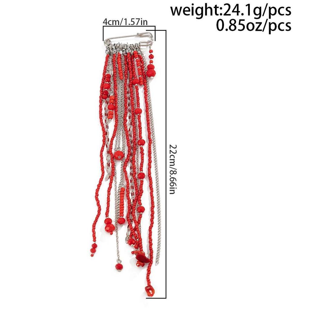 SHIXIN New Fashion Red Black Crystal Bead Chain Brooches for Women Long Tassel Pendant Brooch Pin New Year Jewelry Accessories