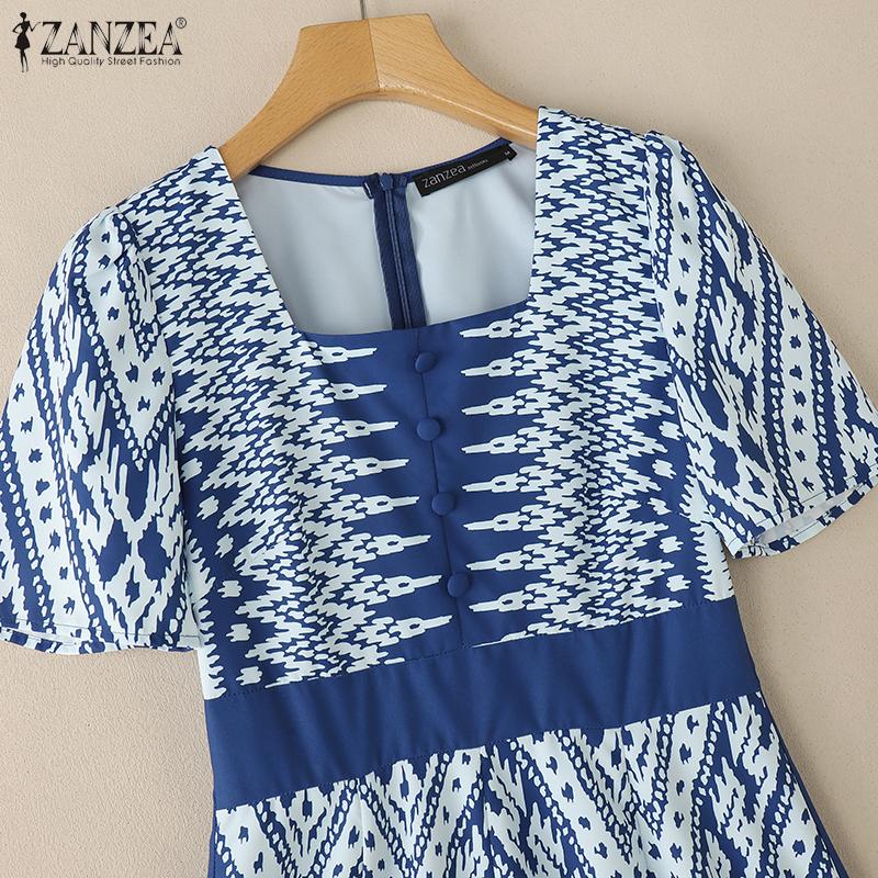 ZANZEA Women Summer Square Collar Casual Short Sleeve Print Dress