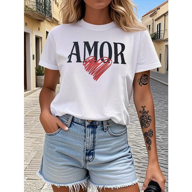 

AMOR Spanish Love Print Women s Spring - Summer Short - Sleeve Crew - Neck Casual T - Shirt, Daily Styling, Daily Outing, Holiday Gift S белый