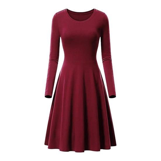 

Весеннее женское платье с круглым вырезом и А-силуэтом, с длинным рукавом и большим подолом, платье миди, однотонное M вино красного