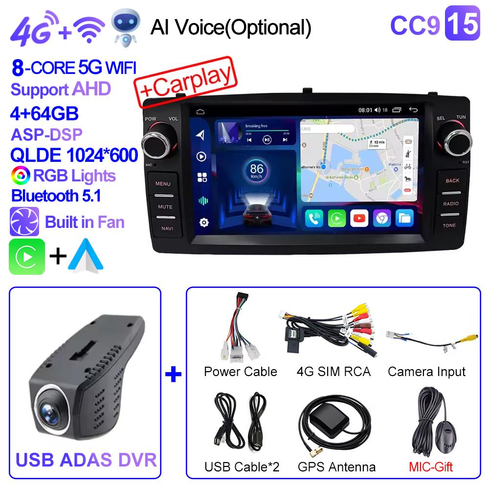 2din Android 12 Wireless CarPlay Android Auto Car Radio Multimedia GPS for Toyota Corolla E120 2003-2006 BYD F3 Stereo 4G