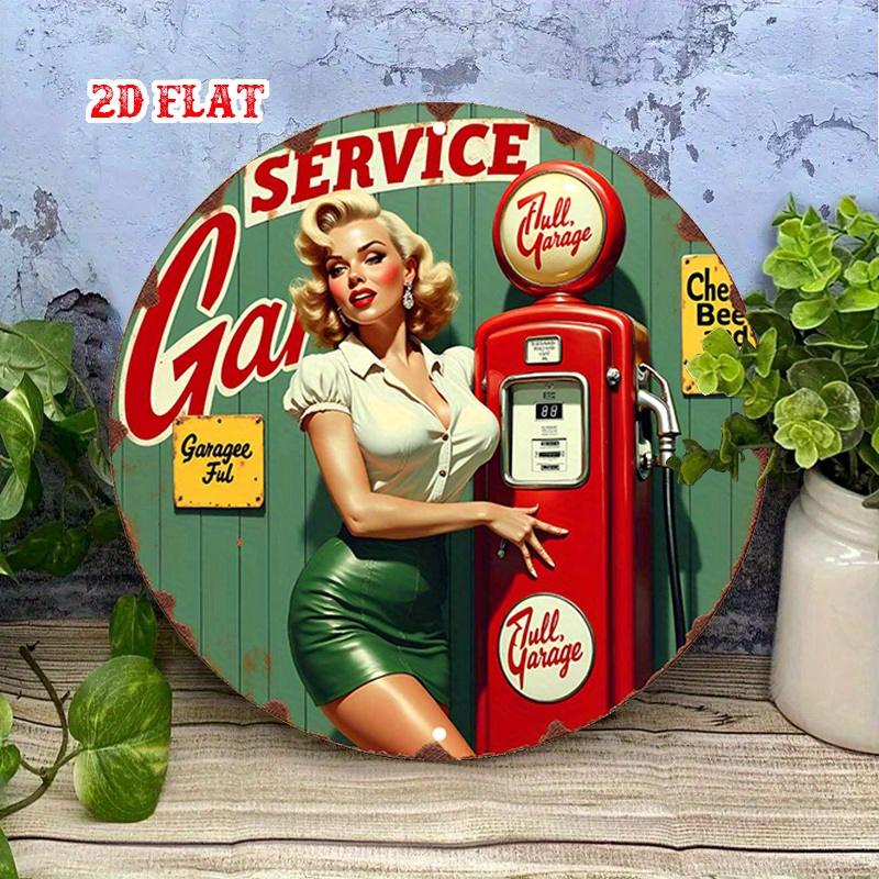 Vintage Pin-Up Girl Gas Pump Round Aluminum Sign