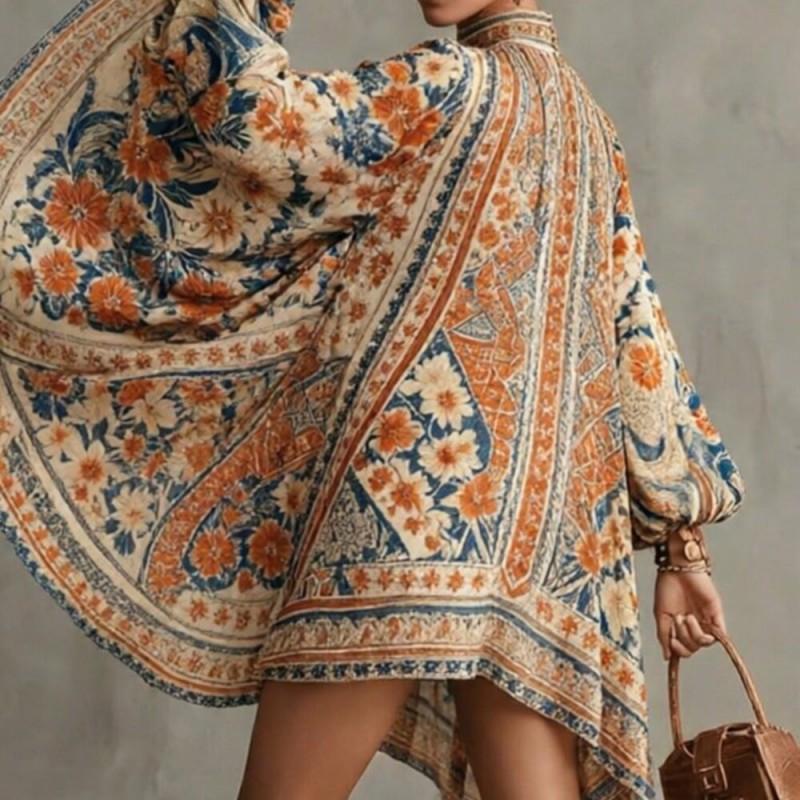 Boho Chic Print Maxi Dress With Lantern Sleeves Loose Fit Casual Women