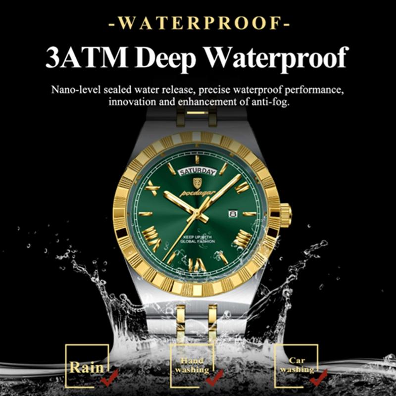 POEDAGAR Men's Watch Luminous Waterproof Week Date Man Wristwatch Stainless Steel Business Quartz Watches