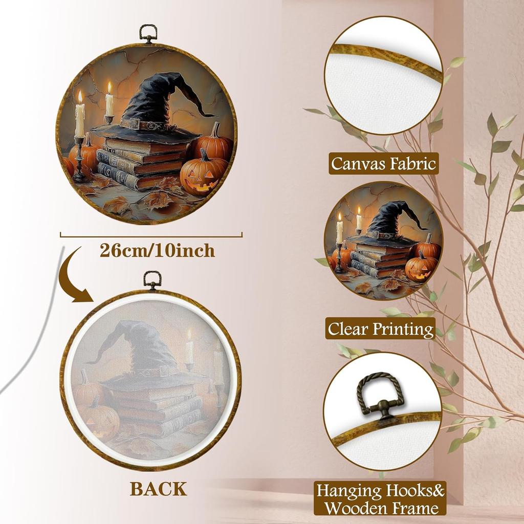 shiviody Fall Halloween Pumpkin Canvas Wall Art Decor, Autumn Halloween Hat Wall Art, Dark Moody Thanksgiving Round Hanging Frame Prints Decorations