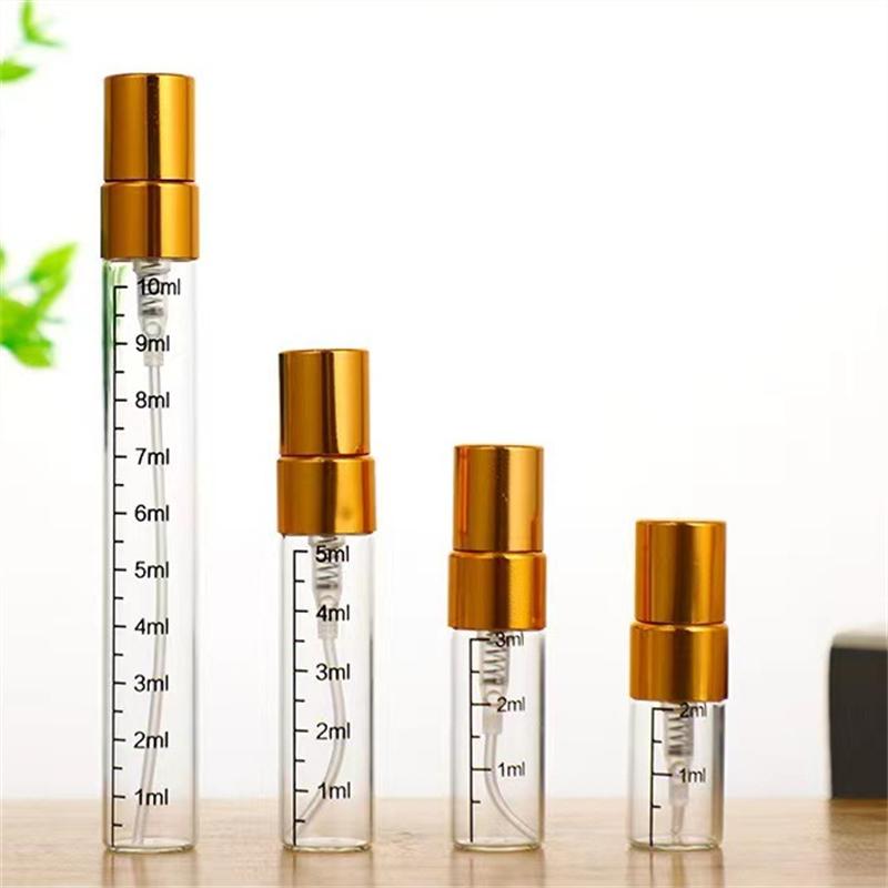 

50 шт. 2 мл 3 мл 5 мл 10 мл флакон с распылителем, с мерной шкалой, флакон с распылительным насосом, дорожный многоразовый флакон, стеклянный флакон для духов с распылителем 50PCS 2ML золотой