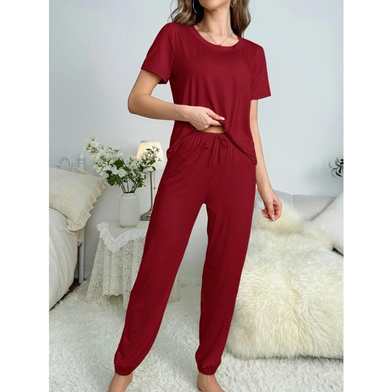New Women's Solid Color Comfortable Casual Round Neck Top and Long Pants Pajama Set Women's Home Casual Pajama Set