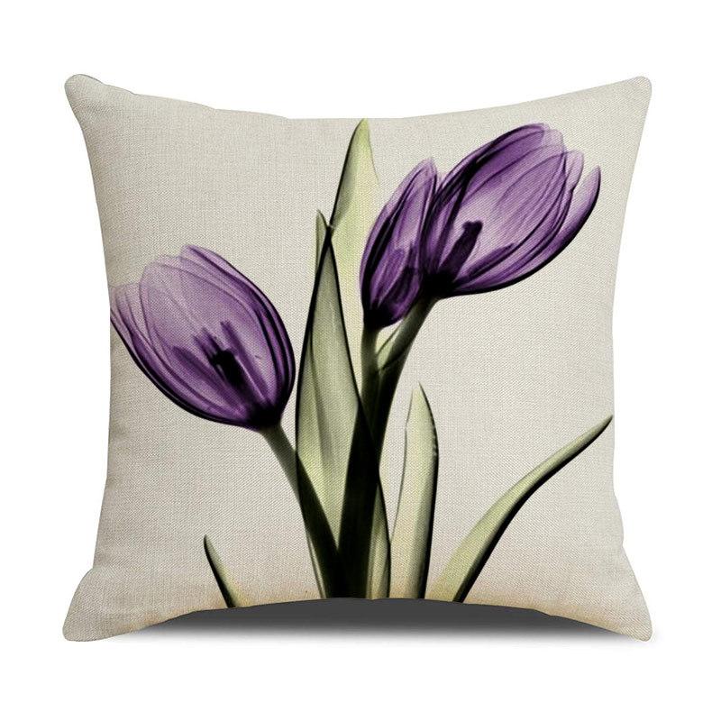 Light Luxury Plant Floral Linen Pillowcase Purple Tulip Digital Print Pillowcase Sofa