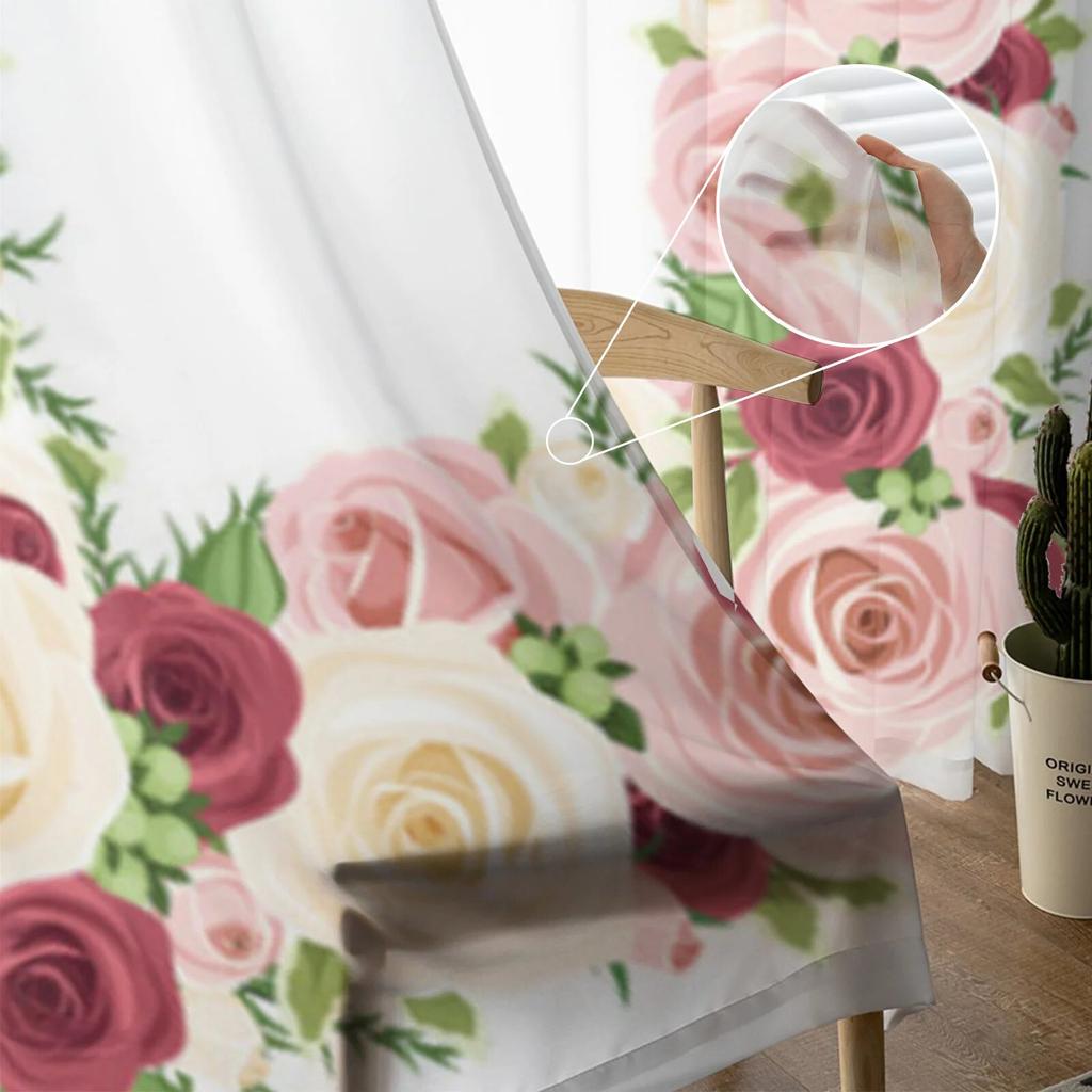 Red Pink And White Roses Tulle Sheer Window Curtains For Living Room The Bedroom Modern Chiffon Voile Curtains Fabric Drapes