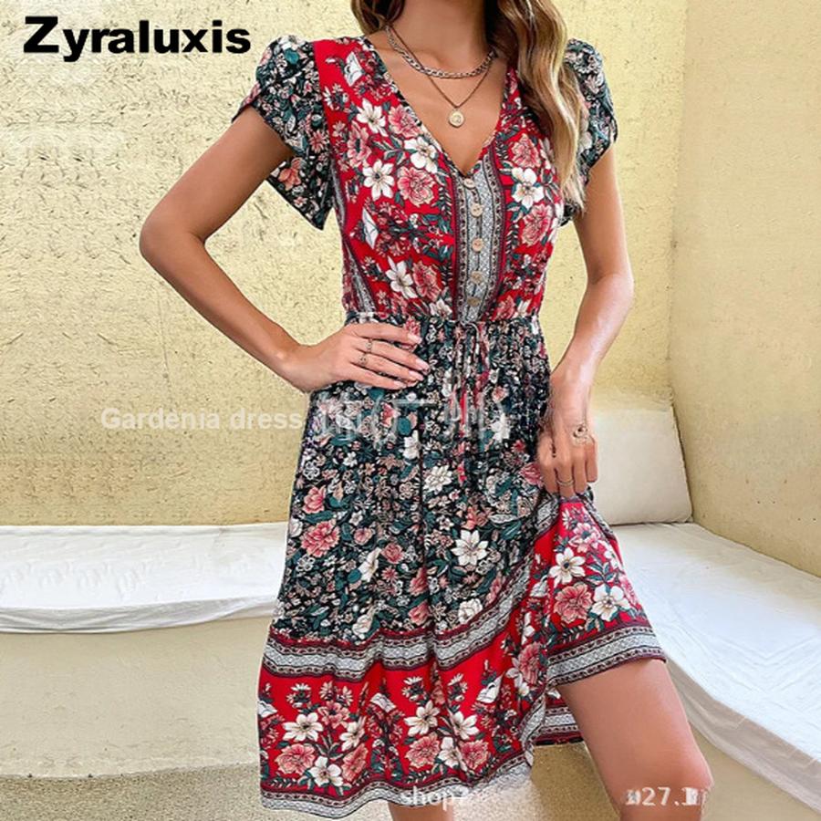 New Summer French Country Style V-Neck Floral Casual Fashion Printed Short Sleeve Dress for Women