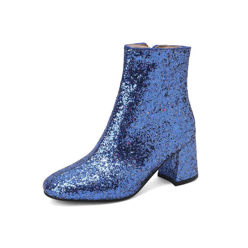 Women's Short Boots Autumn and Winter Grit Metal Sequins Women's and Ankle Boots Gold Silver Thick Heel High Heel Round Head Women's Short Boots