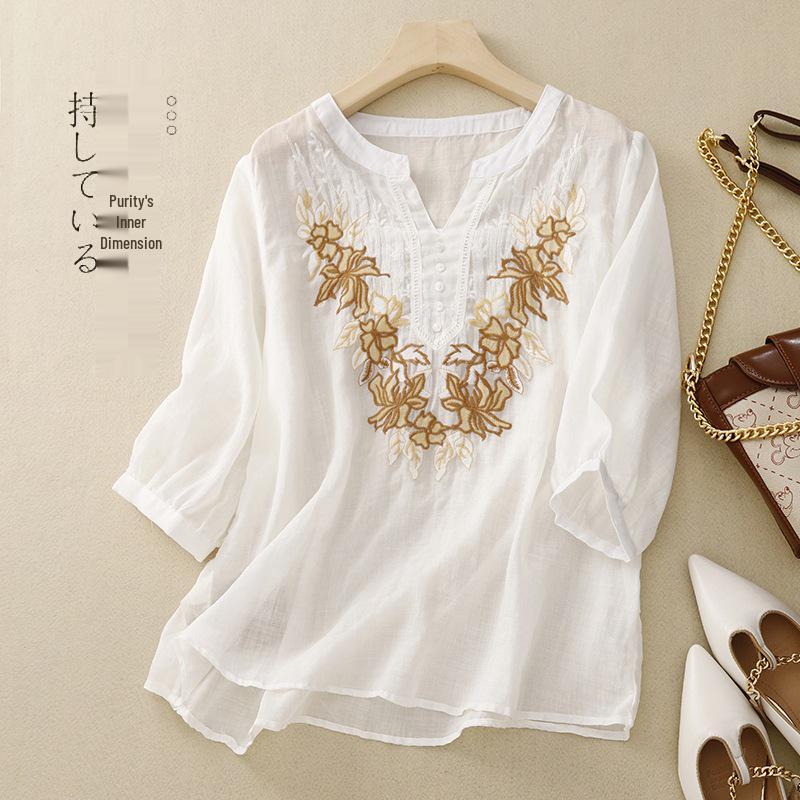 

Southeast Asian Retro Embroidered Cotton Linen T-shirt: Summer 2024 Plus Size for Middle-Aged and Elderly Women 3XL