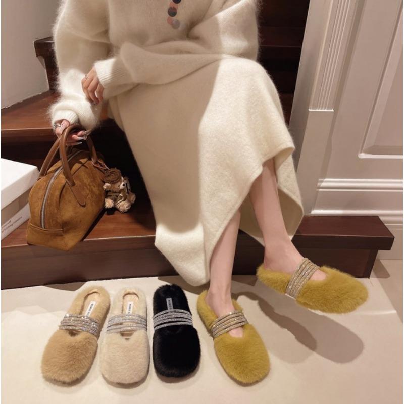 Fashion Winter Fashion Shining Rhinestone Women Fur Slippers Fluffy Fur Outward Soft Flat Shoes Elegant Women's Party Dress Mule Shoes