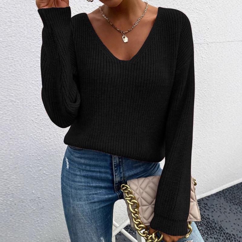 Sweater Lace Splicing New Sexy Backless Hollow V-neck Pullover Long-sleeved for Women