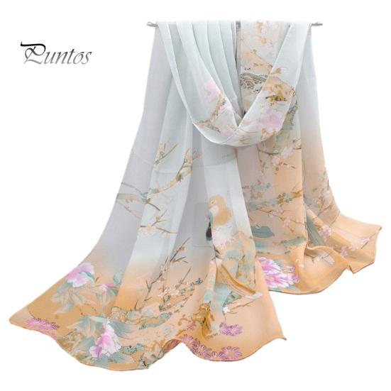 Floral Print Chic Women Scarf Bird Pattern Silky Colorful Wide Sunshade Chiffon Washable Travel Ladies Shawl Clothes Accessory Summer
