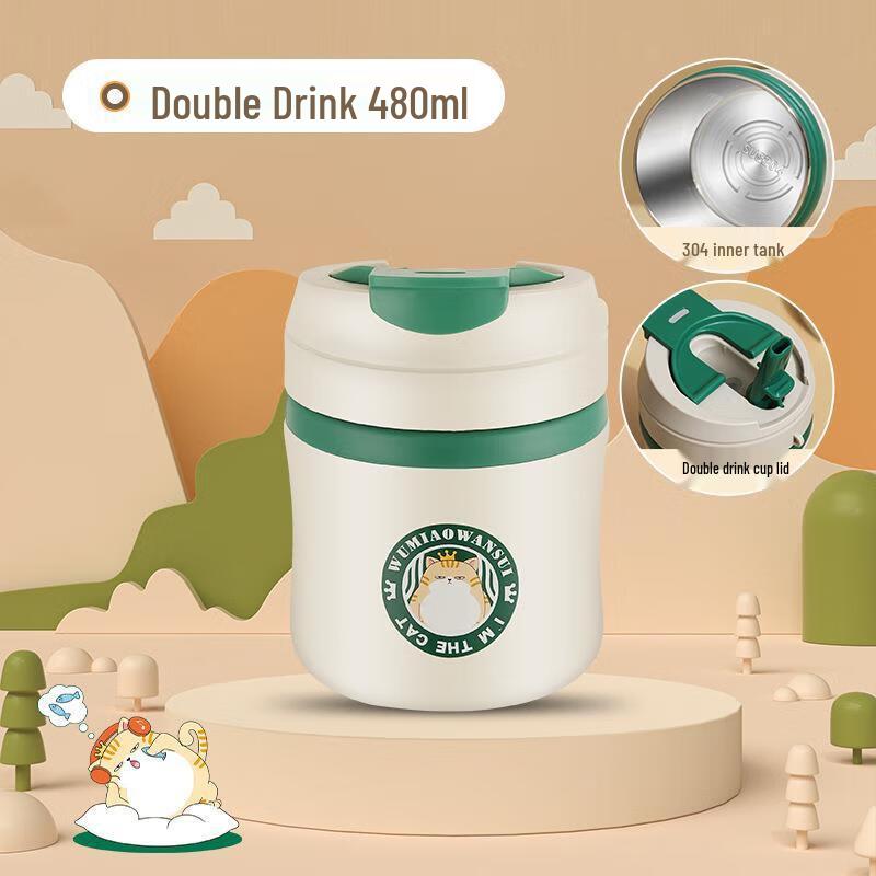 A1 Cartoon Cat Double Drink Stainless Steel Straw Mug 480ml, 304 SS Liner
