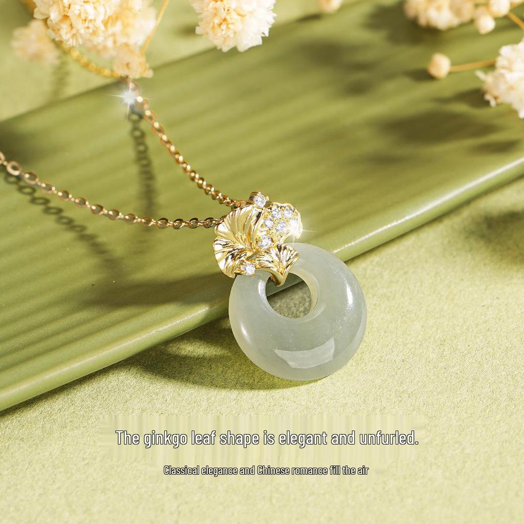 Teqia Women's S925 Sterling Silver Ginkgo Leaf Necklace with Hetian Jade Pendant