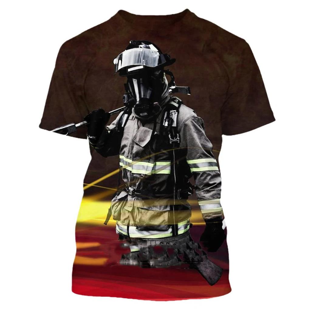 Summer Round Neck 3D Firefighter Print Top Fashionable Casual Short Sleeved Men's T-shirts