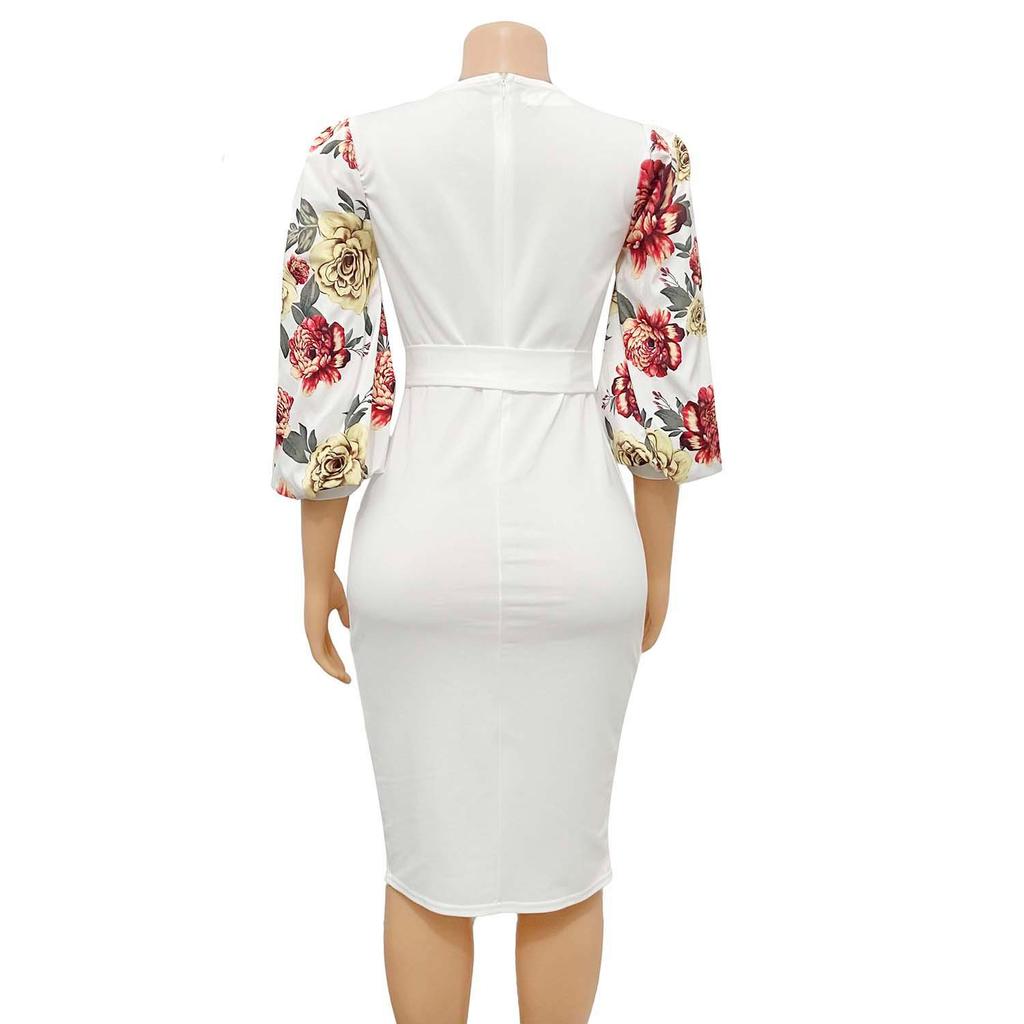 Grande taille femmes mode mince robe florale mi-longue lanterne manches robes de soirée