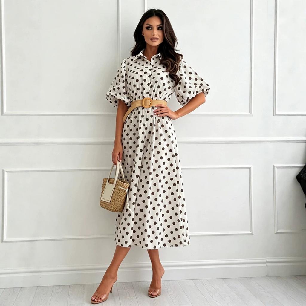 Abito midi a pois da donna, vestito casual ampio a mezza manica, vestito casual da giorno per donna, primavera estate, stile europeo americano