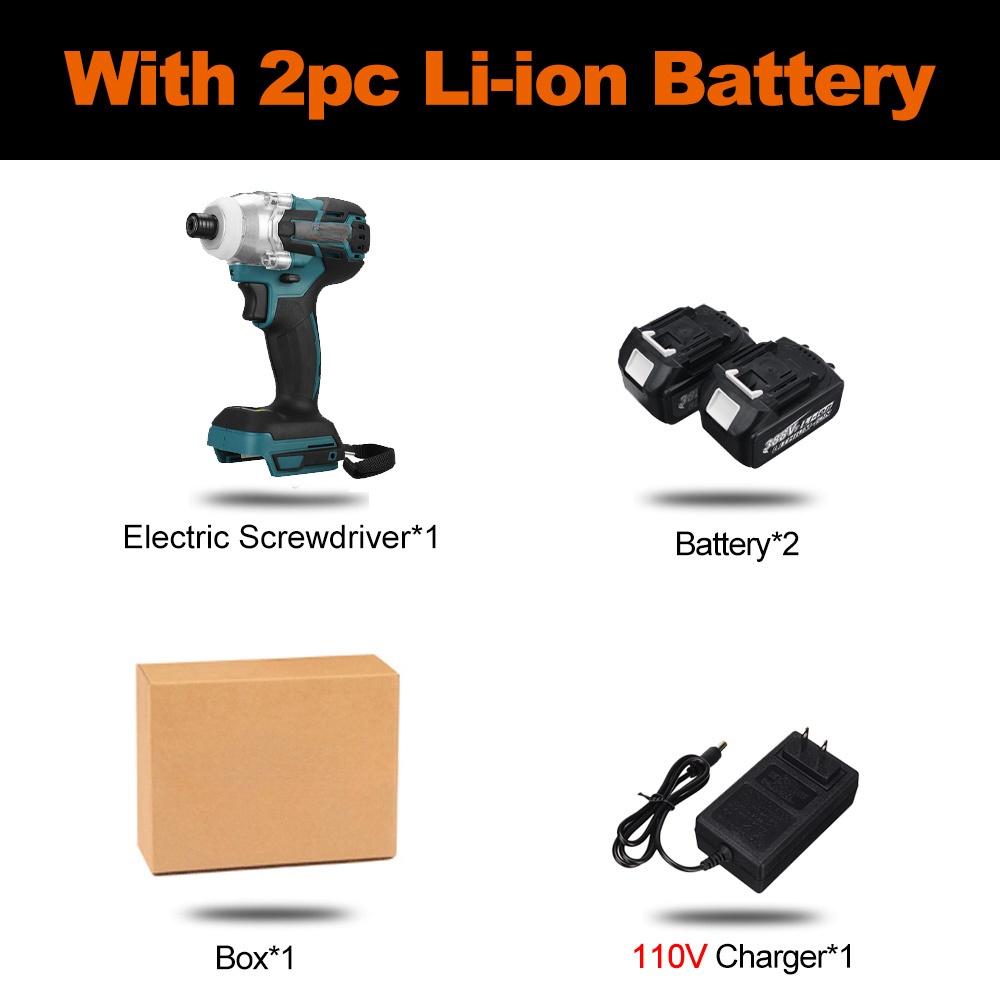 388vf 800N.M Brushless Cordless Electric Impact Driver 1/4"" Screwdriver Driver Wrench Power Tools with 2 Battery