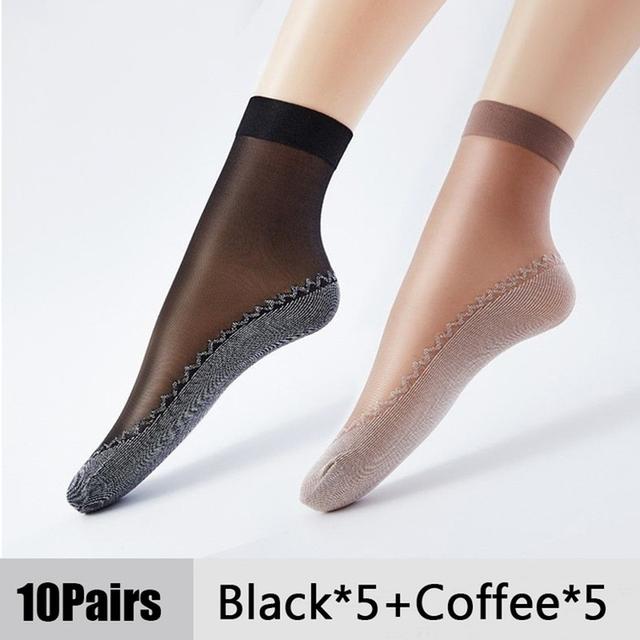 20pcs=10 Pairs Spring Summer Women Soft Socks Thin Silk Socks Non-Slip Bottom Splice Fashion Transparent Ladies Breathable Sock