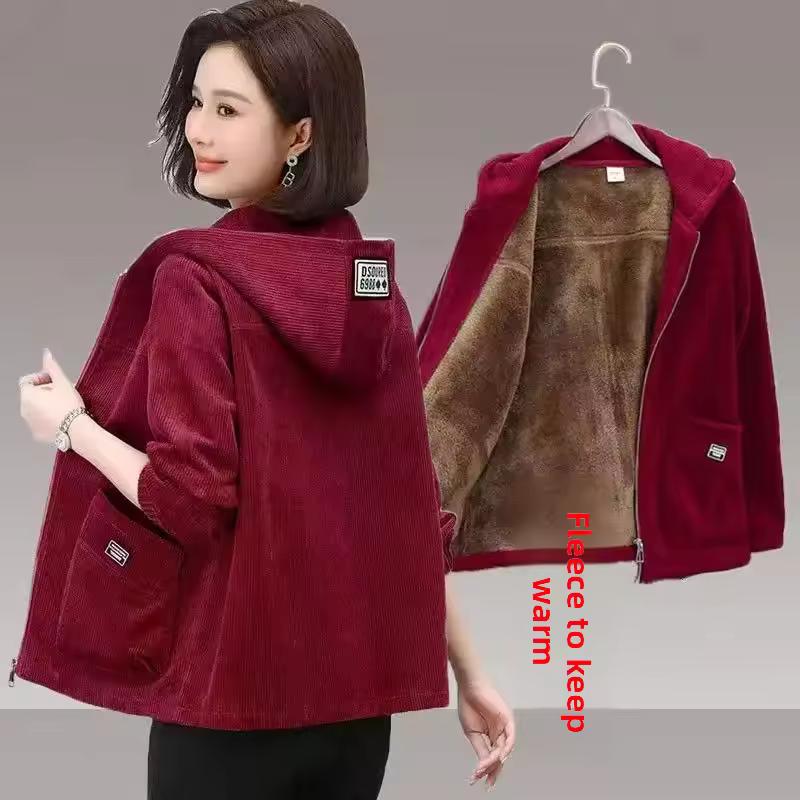 Thickened Corduroy Jacket Women's Casual Fleece-Lined Hooded Sweater Coat Warm Autumn Winter