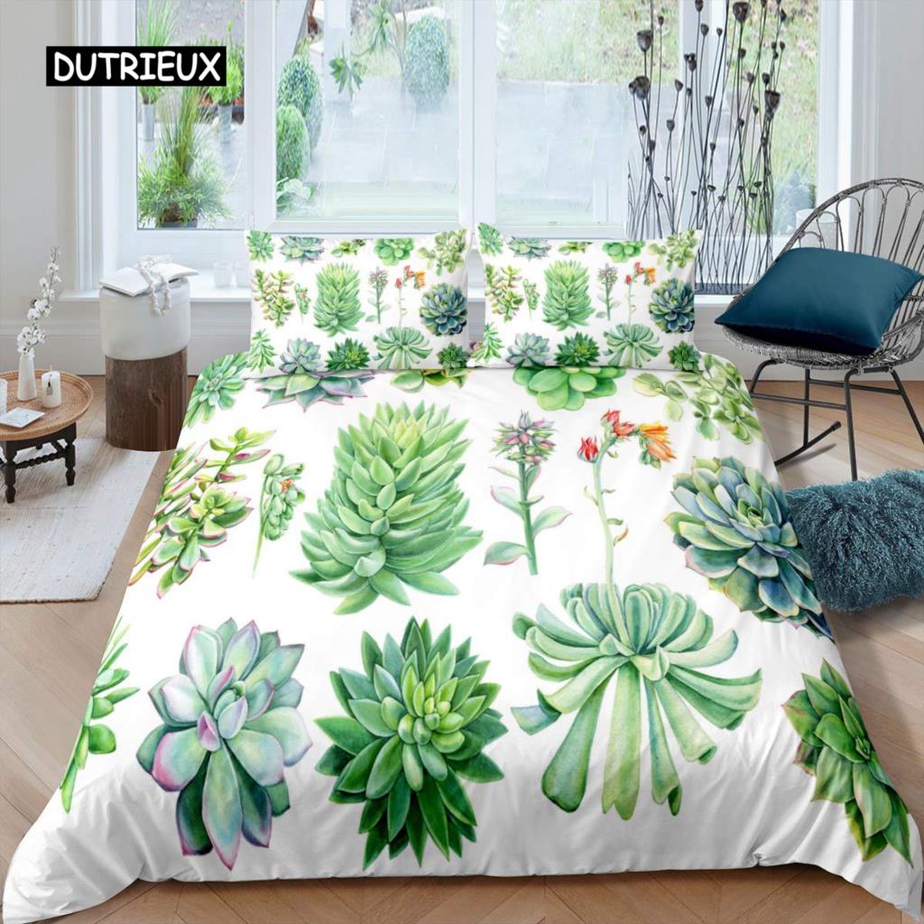 Sukkulenten Bettbezug Set Grüne Pflanze Tropisches Botanisches Bettwäsche Set Aquarellmalerei Stilvolles Naturthema Twin Quilt Cover