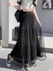 Elegant High-Waist Pleated Mesh Midi Skirt for Women - Summer Style