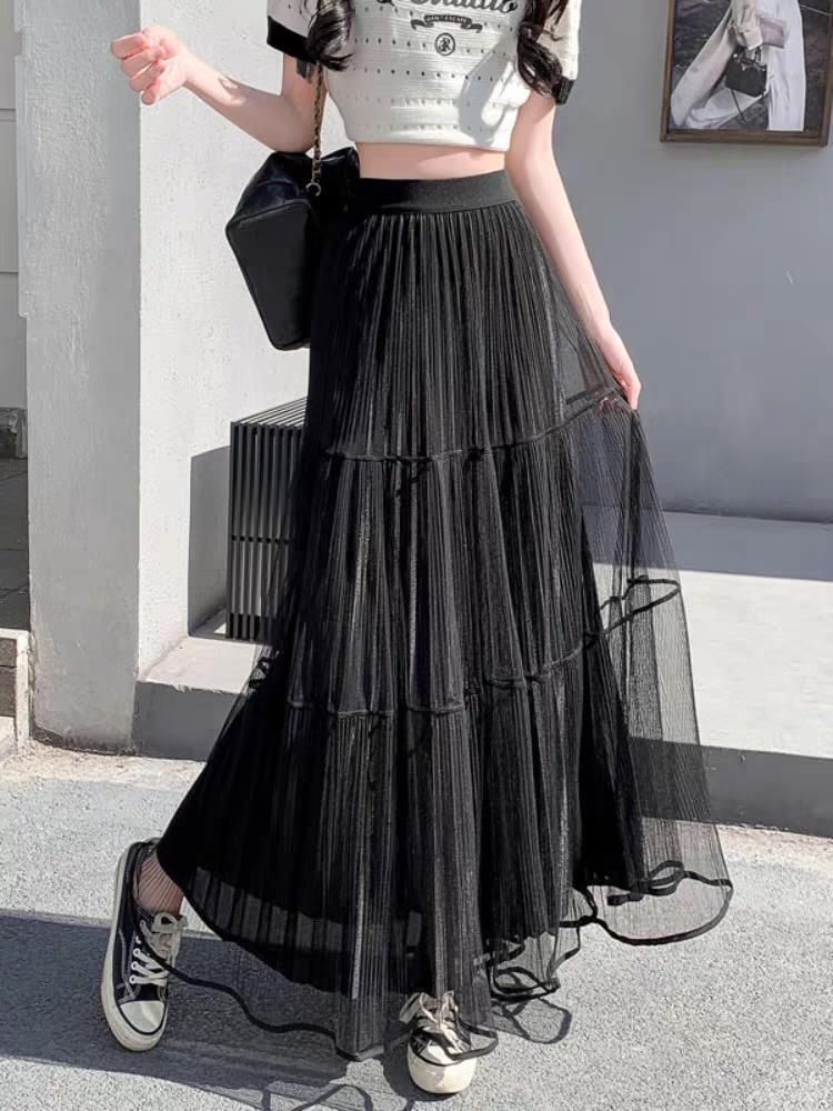 Elegant High-Waist Pleated Mesh Midi Skirt for Women - Summer Style