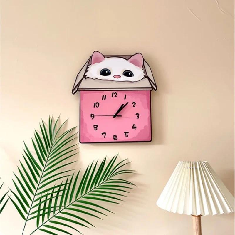 Kawaii Cartoon Cat Clock - Noiseless Acrylic Wall Decor for Bedroom & Kids Room