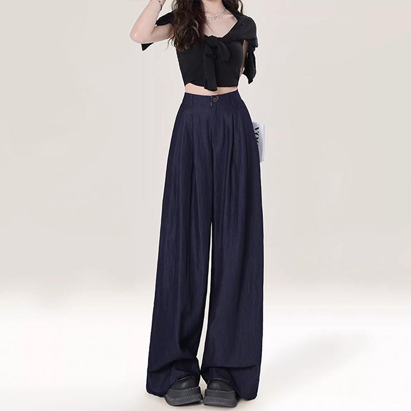 Deep Blue Ice Silk Women s Wide Leg Floor-Length Casual Pants - Spring Summer 2026 Large