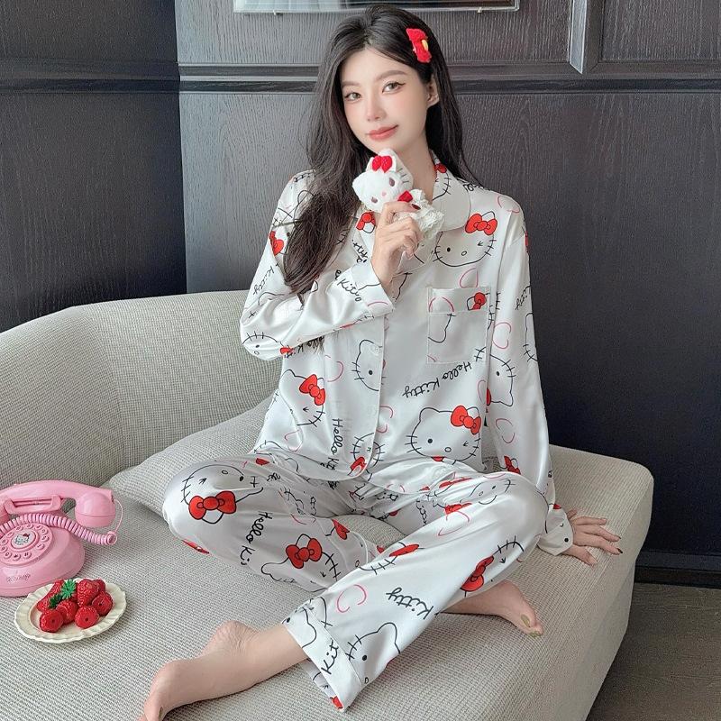 Light Luxury Retro High-End Leopard Print Star Ice Silk Pajamas Women'S Long-Sleeved Trousers Loungewear Set