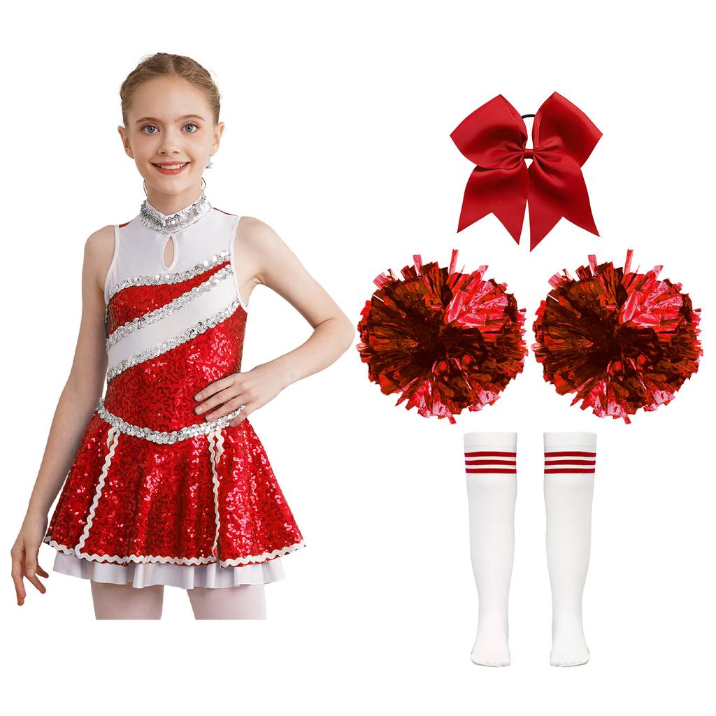 Girls Cheerleading Dance Dress Shiny Sequins Patchwork Invisible Zipper Back with Bow and Socks
