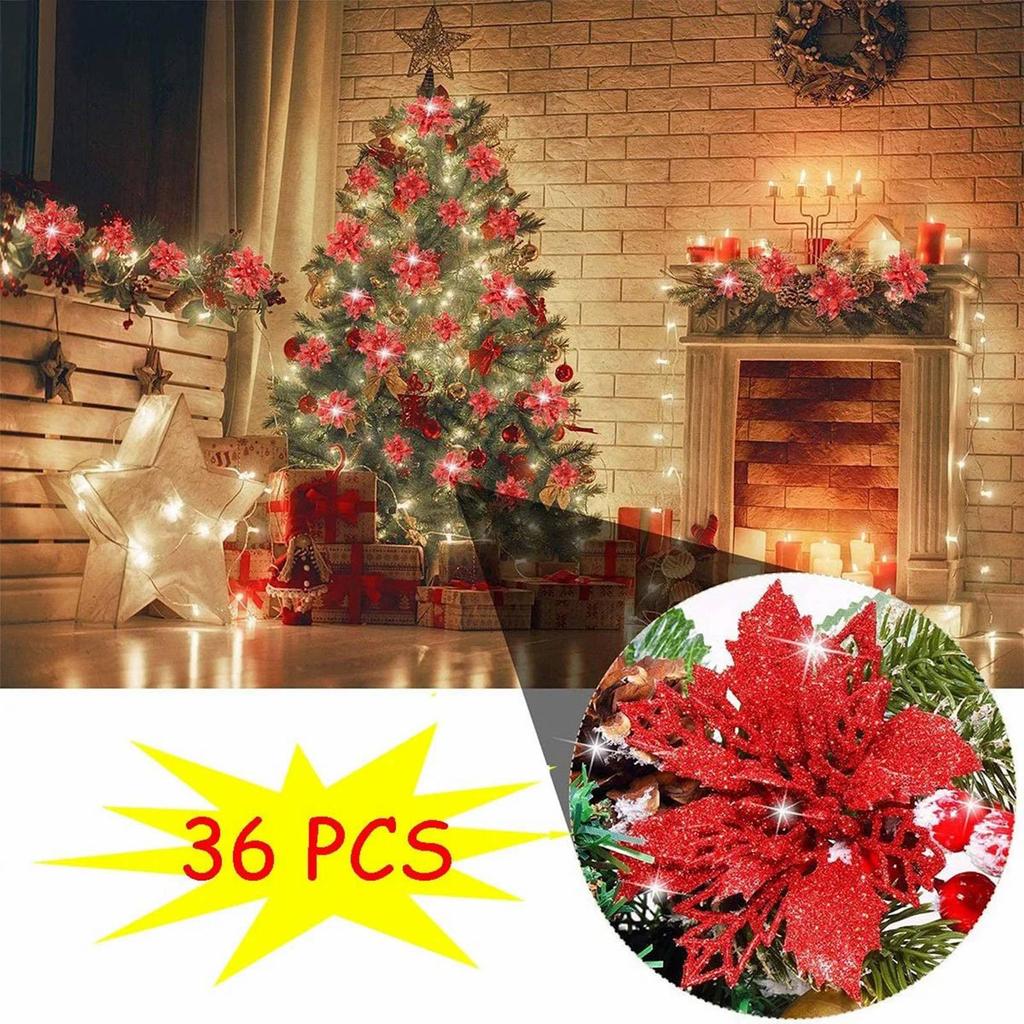 Set Of 36 Pcs Christmas Poinsettia Flowers Ornaments Glitter Floral Accessories Xmas Wreath Tree Decorations For Party Home Wedding