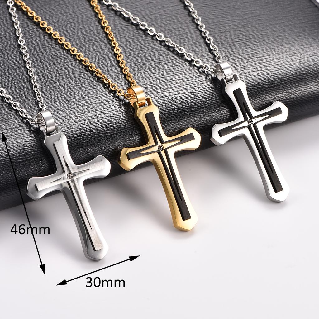Stylish Stainless Steel Double Cross Pendant Necklace for Women Men Religious Faith Prayer Charms Chain Metal Jewelry Accessory